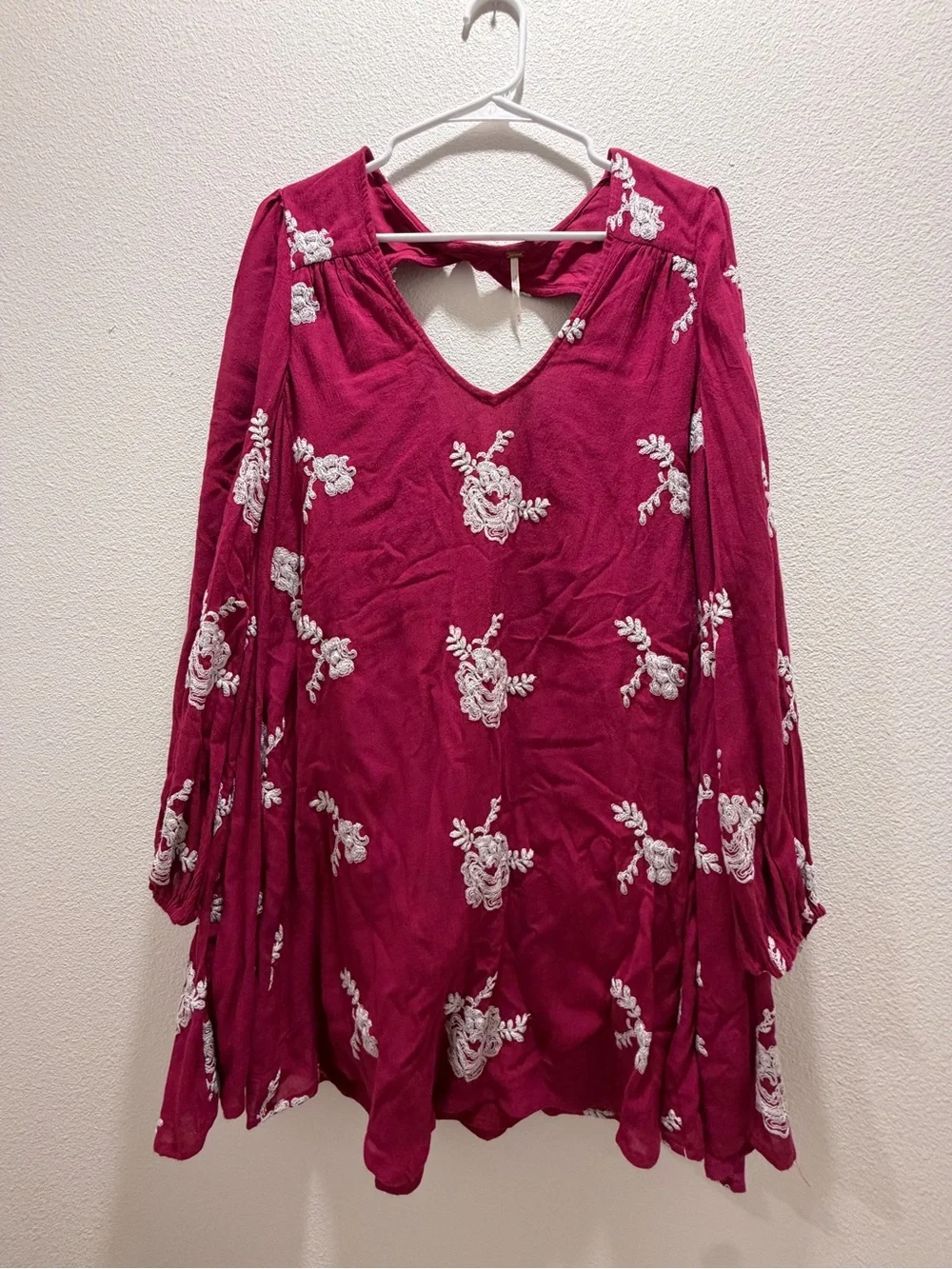 Free People Emma Swing Burgundy Embroidered Dress Long Sleeve